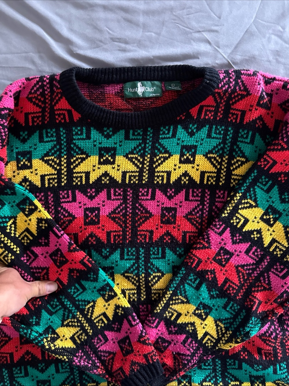 Hunt Club Men’s Bright Pink Teal Yellow Black Geometric Crewneck Sweater